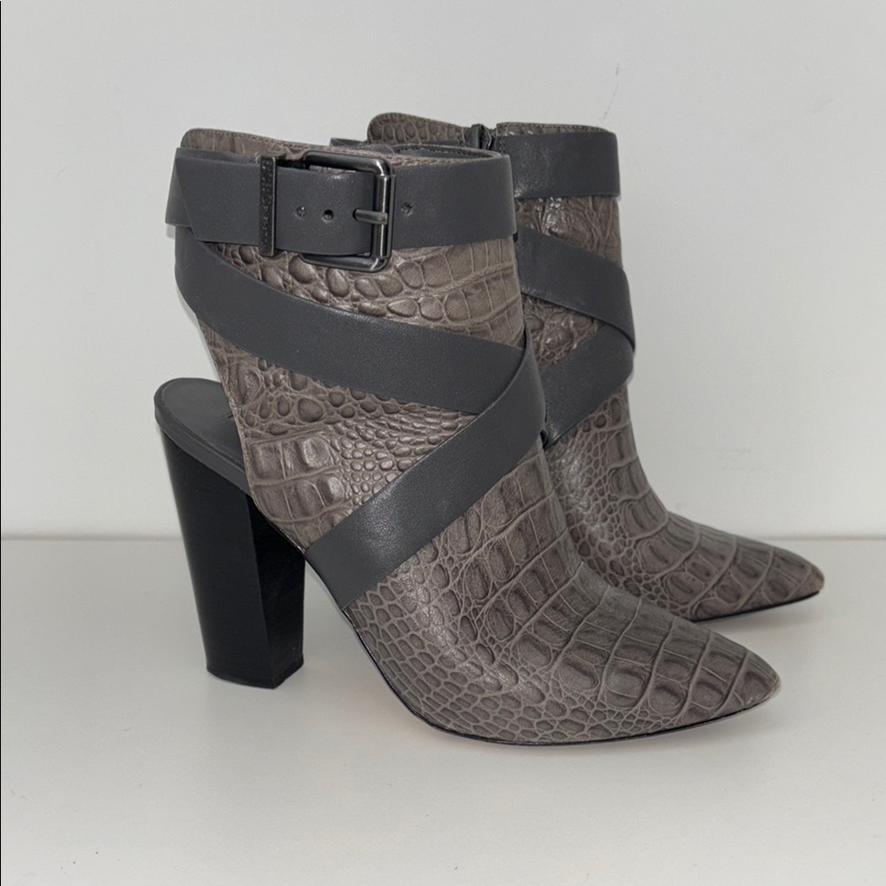 Women's Gray Croc-Embossed High Heel Ankle Boots with Buckle Strap
